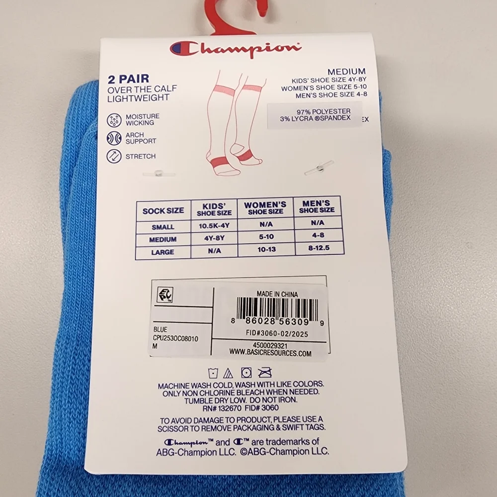 Champion All Sport Over The Calf Socks 2 Pair Blue Lightweight Moisture Wicking